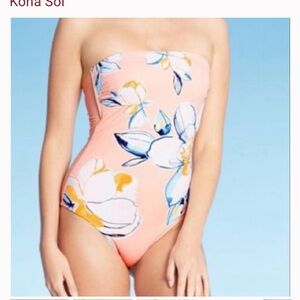 Kona Sol Women’s One Piece Strapless Swimsuit XL Peach Floral Medium Coverage